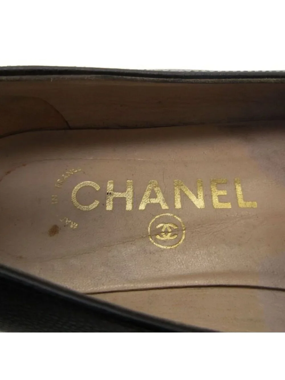 Chanel Vintage Metal Logo Plate Loafers Shoes Caviar Leather 37.5 - Picture 6 of 8